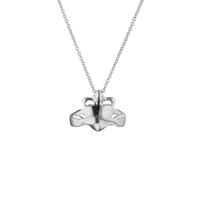 A floating Claddagh pendant suspended on a delicate chain. The pendant features a Claddagh design and is made of sterling silver. This elegant piece of jewellery is perfect for those who appreciate Irish culture and beautiful designs by Loinnir Jewellery