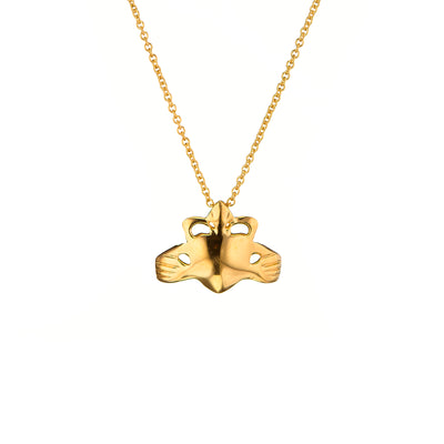 A floating Claddagh pendant suspended on a delicate chain. The pendant features a Claddagh design and is made of gold vermeil. This elegant piece of jewelry is perfect for those who appreciate Irish culture and beautiful designs by Loinnir Jewellery