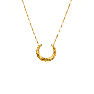 Made in Ireland, the textured gold vermeil surface of the floating pendant reflects the light in an interesting way, creating a visual effect that catches the eye. This Gold Vermeil Torc Necklace could be a great addition to an outfit, adding some visual interest and texture to your overall look.  