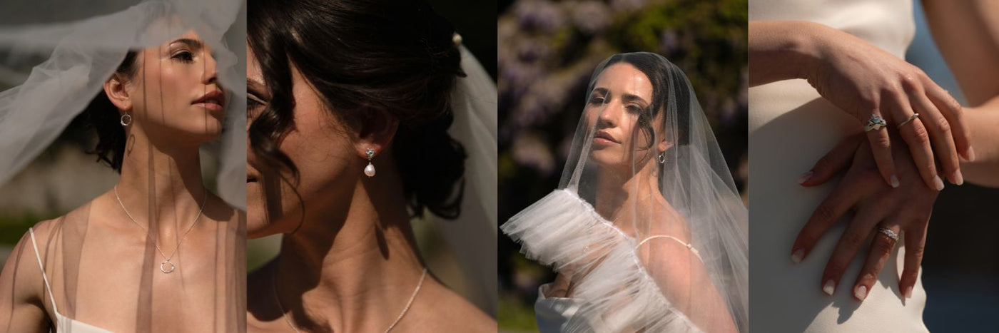 Collage of a bridal Irish jewellery in wedding attire with close-up details of Loinnir jewellery.