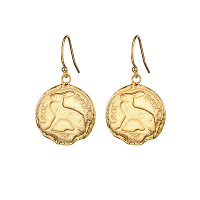 Gold coin earrings by Irish jewellery Loinnir Jewellery. Featuring an 3 pence coin with a molten wear effect for a unique, relic-like feel.