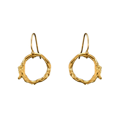 Pair of gold drop twig earrings on a white background