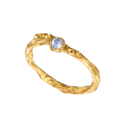 Gold Twig Moonstone Ring, based on Ireland’s Gorse bush. Nature-inspired ring has wilted pea floral detail, a thoughtful handmade Irish jewellery gift