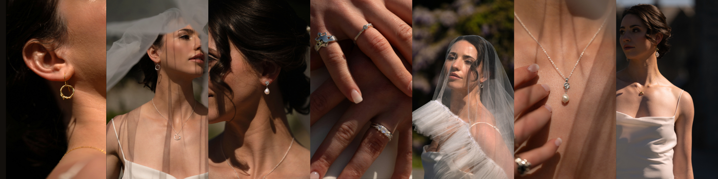 Collage of a woman wearing Irish Bridal Jewellery with a  wedding dress, focusing on the wedding jewellery.