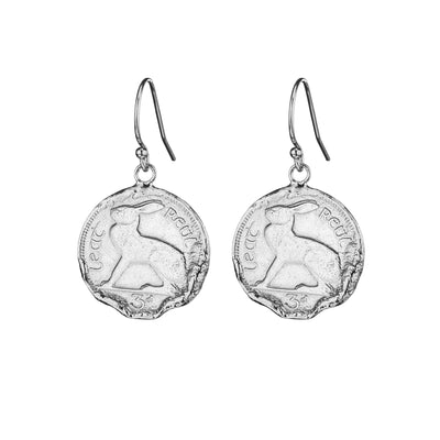 Silver coin earrings featuring Irish 3 pence coins with a relic-like feel. Handmade jewellery, a meaningful Irish  made gift with a touch of home.
