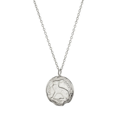 Irish silver coin necklace features a 3 pence coin with a relic-like feel. Made in Ireland, it's a thoughtful Irish jewellery gift with a touch of home.