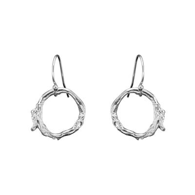 Pair of Silver Twig Earrings, inspired by the Gorse bush, are delicate drop earrings on white background. Bridal jewellery for an Irish wedding, embodying modern Irish jewellery.
