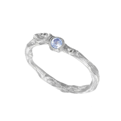 Silver Twig Moonstone Ring, based on Ireland’s Gorse bush. Nature-inspired ring has wilted pea floral detail, a thoughtful handmade Irish unique engagement ring.